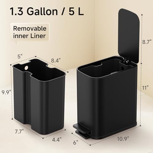 TIPGO Small Bathroom Trash Can with Lid Soft Close, Step Pedal, 1.3 Gallon / 5 Liter Stainless Steel Slim Garbage Can for Office, Diaper Waste Basket with Removable Inner Bucket (Matte Black) - color: Black