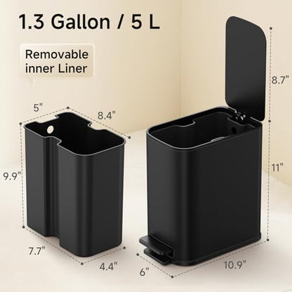 TIPGO Small Bathroom Trash Can with Lid Soft Close, Step Pedal, 1.3 Gallon / 5 Liter Stainless Steel Slim Garbage Can for Office, Diaper Waste Basket with Removable Inner Bucket (Matte Black) - color: Black