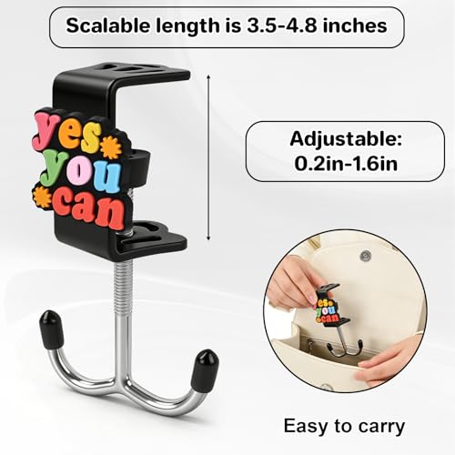 AULEEP 2 Pack Clamp-On Under Desk Bag Hanger, Adjustable Purse Hook for Table with Cute DIY Stickers, 100 lbs Capacity Heavy-Duty Desk Organizer Hooks for Handbag, Backpack, Headphone, Black & White - color: Black & White