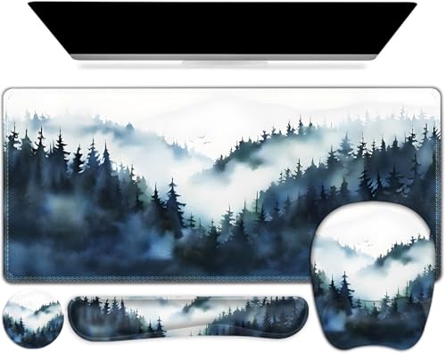 Large Mouse Pad, Keyboard Wrist Rest Set, Ergonomic Mouse Pad with Wrist Support, Desk Mat with Stitched Edges + Coaster, Extended Desk Pad Waterproof Desk Mat for Home Office Game I Misty Forest - color: Misty Forest