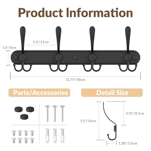 BAKON 2 Pack Coat Rack Wall Mounted, 4 Tri-Hooks | Heavy Duty Metal Black Hook Rail for Coats, Towels, Robes | Bathroom, Entryway, Mudroom Organizer - color: Black, size: 2Pack-4 Hook