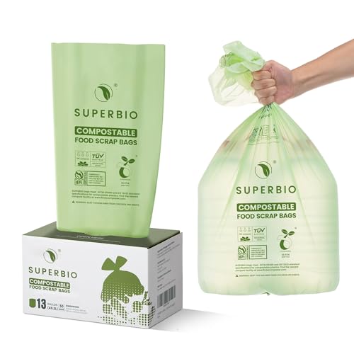 SUPERBIO 13 Gallon Compostable Kitchen Waste Bags, 50 Count, 1 Pack, Flat top Food Scrap bags, Certified by BPI and OK compost INDUSTRIAL, 49.2L, 0.87 Mil - color: 13 Gallon Flat Top, 50 Count
