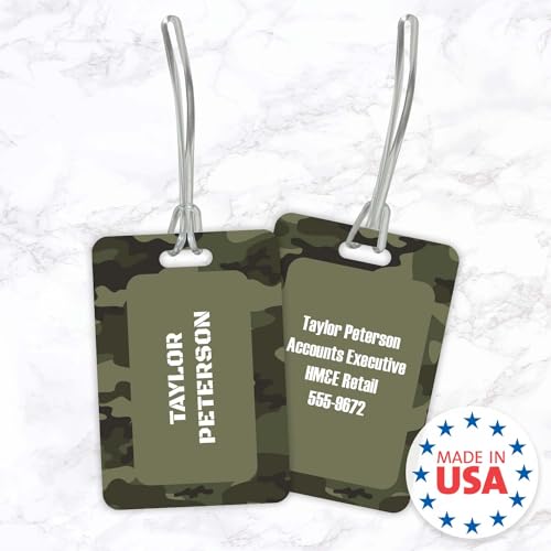 ARTISTIC DIRECT Personalized Camouflage Luggage Tag / 2.75" x 4" Custom Camo Bag Tag / Double Sided Durable Plastic Luggage Tag with Plastic Strap / Made in The USA - style: Camo