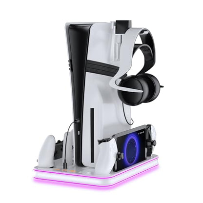 PS5 Pro / PS5 / Slim/Stand and Cooling Station with LED Controller Charging Station for PlayStation 5 Slim Disc/Pro Digital Edition Console with 3 Level Cooling Fan, WhiteLighting - color: White
