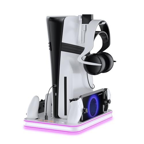 PS5 Pro / PS5 / Slim/Stand and Cooling Station with LED Controller Charging Station for PlayStation 5 Slim Disc/Pro Digital Edition Console with 3 Level Cooling Fan, WhiteLighting - color: White