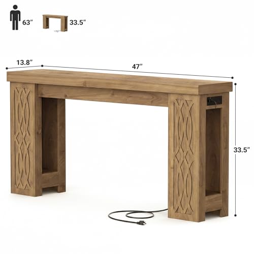 Cyclysio 47" Console Table with Outlet, Farmhouse Entryway Table with Colorful LED Lights, Wooden Sofa Table with Unique Carved Design, Foyer Accent Table for Entrance, Hallway, Living Room Natural - color: Natural, size: 47 Inch
