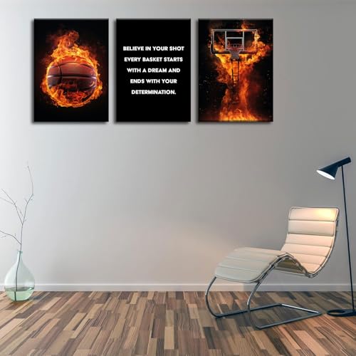 3Pcs Basketball Canvas Wall Art Basketball Court Black Wall Decor Picture flame Basketball Inspirational Quotes Poster Print Artwork for Gym Teen Boys Room Decortion 16x24in Framed - color: Canvns, size: 16x24in