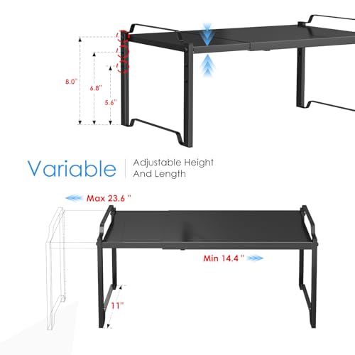 2 Pack 11” Depth Expandable Kitchen Cabinet Organizer Shelves, Metal Kitchen Countertop Organizers and Storage Shelving, Heavy Duty Stackable Storage Rack Shelf For Pantry Cupboard Counter Tabletop - color: Black