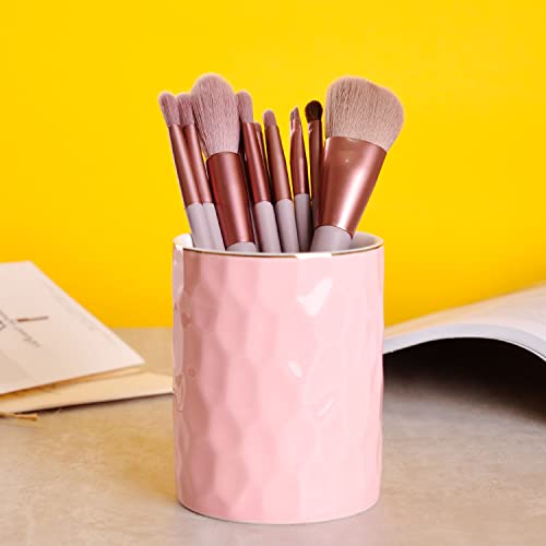 WHJY Ceramic Pink Pencil Cup, Makeup brushes Holder, Gold Pen Holder for Desk Cute Small Boho Brush Holder, Modern Geometry Design Pen Holder - color: Pink