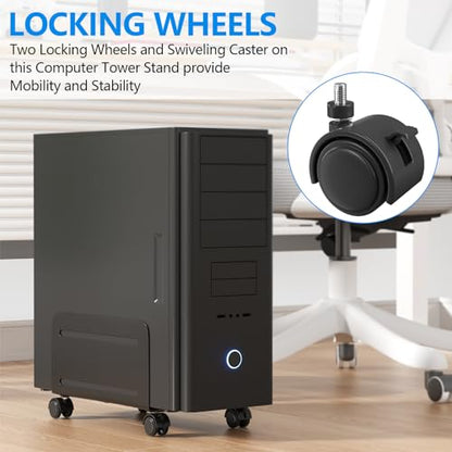AGPTEK CPU Stand - Adjustable Width 4.7" to 8.2" with 2 Locking Wheels and 2 Caster Wheels - Black - size: A