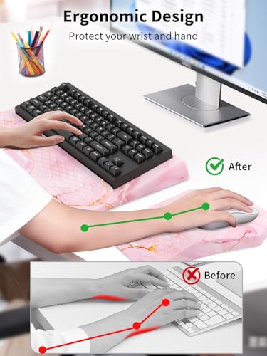 3-in-1 Ergonomic Keyboard Stand with Wrist Rest & Mouse Pad Set, Comfy Keyboard Riser Holder Soft Mousepad with Massage Design, Memory Foam and Non-Slip PU Base for Pain Relief, Pink Marble - color: Pink Marble