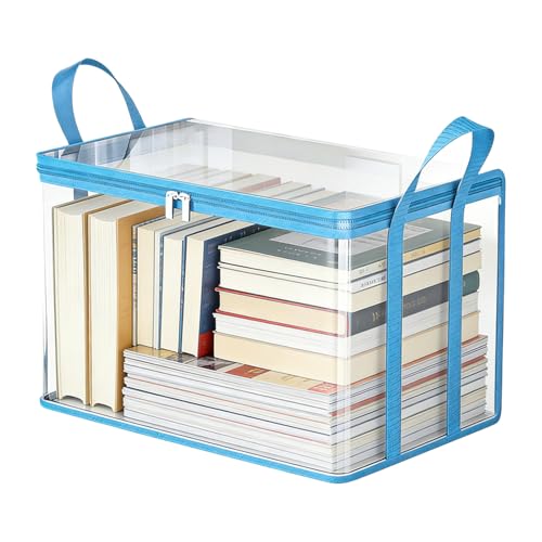 Clear Book Storage Bag with Reinforced Handles - Heavy Duty Plastic Comic Book Organizer & DVD Storage Bin - Collapsible Media Tote with Zipper Lid for Books, Journals and Albums - 15" x 9.5" x 12.5" - color: Blue, size: 1-Pack