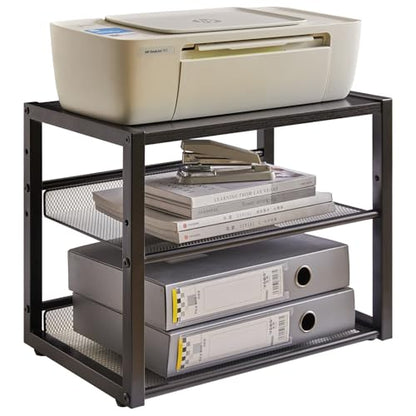 YMYNY Desktop Printer Stand, Rustic Brown 17.32 x 13.78 x 11.02 in UHPT001H | 3 Tiers Desk Organizer with Adjustable Storage Shelves, Multi-Purpose Printer Shelf for Home Office, Fax Machine, Scanner - color: Rustic Brown