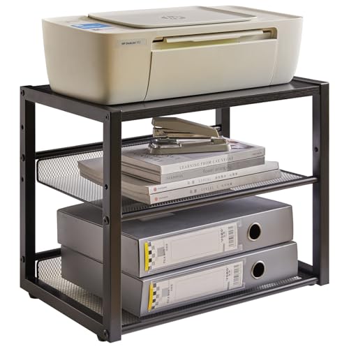 YMYNY Desktop Printer Stand, Rustic Brown 17.32 x 13.78 x 11.02 in UHPT001H | 3 Tiers Desk Organizer with Adjustable Storage Shelves, Multi-Purpose Printer Shelf for Home Office, Fax Machine, Scanner - color: Rustic Brown