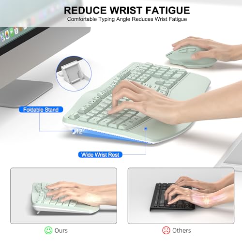 Wireless Keyboard and Mouse Combo, 2.4G Full Size Wave Keys Ergonomic Keyboard with Wrist Rest and 3-Level DPI Adjustable Wireless Ergonomic Mouse for Windows, Mac OS Desktop/Laptop/PC(Avocado Green) - color: Green