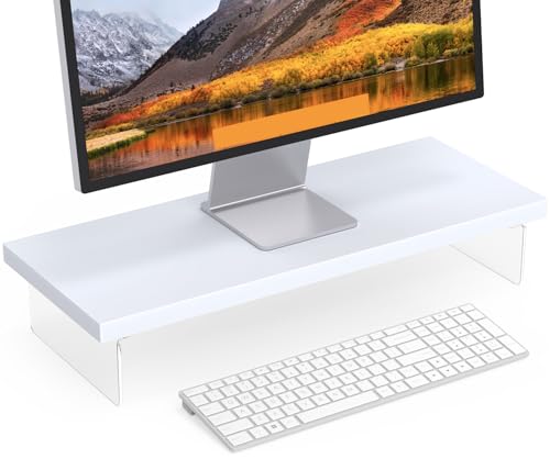 Monitor Stand Riser, Wood & Acrylic Computer Monitor Stand Desk Desktop Organizer Table for Home, Office Workspace, Laptop Riser, Printer, PC & TV Screen Riser - color: White, size: 25*10 Inch