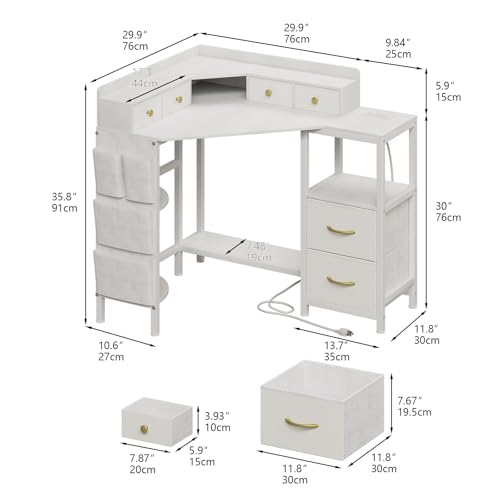 VENNQD Corner Desk with 6 Drawers Shelves for Small Space Computer Desk with Power Outlets,Gaming Desk with Printer Monitor Stand Storage for Home Office Workstation Writing Table (White, 31.5) - color: White