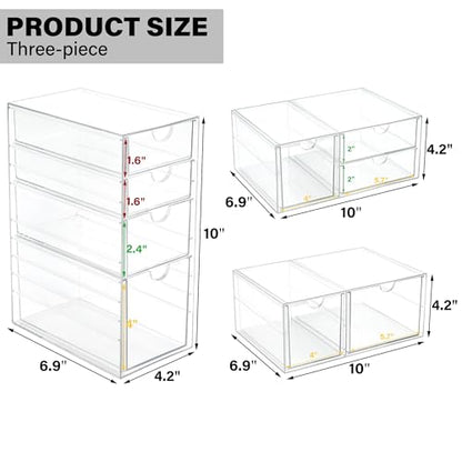 Prsildan Acrylic Drawer Makeup Organizer with 9 Drawers, Set of 3 Office Desk Organizers Accessories, Clear Stackable Storage Drawers for Vanity, Countertop, Craft, Jewelry, Art Supply Organization - style: 9 Drawers