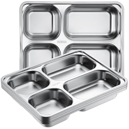 Foaincore 8 Pack 304 Stainless Steel Divided Plates Rectangular Portion Control Plates with Compartments Unbreakable Metal Food Tray for Lunch, Dinner, Camping, Heavy Gauge (4 Compartment) - style: 4 Compartment