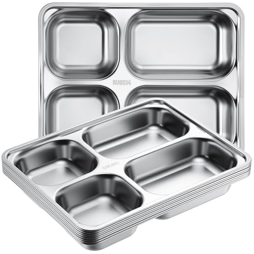 Foaincore 8 Pack 304 Stainless Steel Divided Plates Rectangular Portion Control Plates with Compartments Unbreakable Metal Food Tray for Lunch, Dinner, Camping, Heavy Gauge (4 Compartment) - style: 4 Compartment