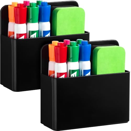 2 Pcs Magnetic Dry Erase Marker Holder for Whiteboard, Plastic Magnetic Pen Holder for Refrigerator Fridge, Magnet Pencil Cup for School Classroom, Locker Accessories, Pen Cup Organizer-Black - color: Black