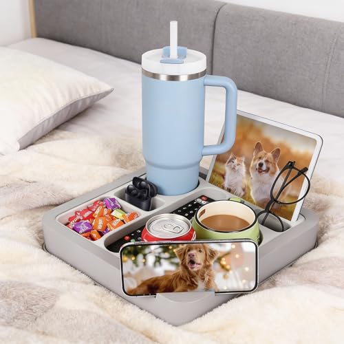 Heavyrain Couch Remote Holder Caddy Cup Holder Tray for Couch and Bed - Spill-Proof Armrest Organizer with Removable Divider, Perfect for Gaming, Movie Night, Remote Control, Snack & Phone Storage