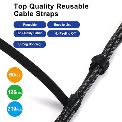 Nettbe Reusable Cable Ties, 126 PCS 8 Inches Adjustable Cord Straps Wire Organizer Cord Wrap and Hook Loop Cable Management - size: 8inches-126PCS