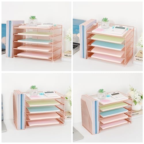OPNICE Desk Organizer, 5-Tier Paper Organizer Letter Tray with Magazine Holder, Office Desk Accessories & Workspace Organizers, Desktop File Organizer for Office Supplies Storage, Rose Gold - color: Rose Gold, size: 15.5" x 9" x 10.3"