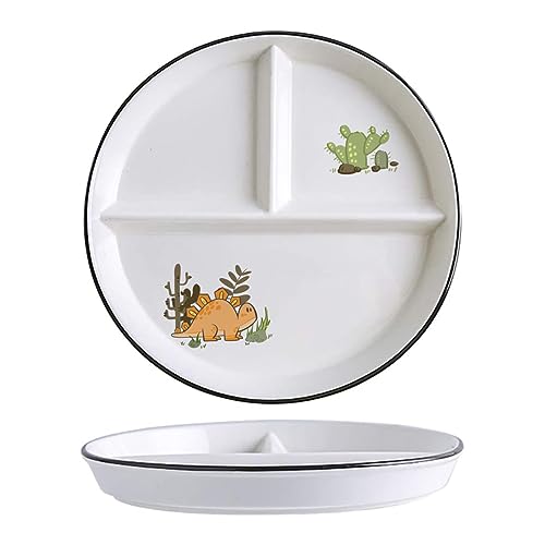 SOCOSY Dinosaur Ceramic 3-Compartment Portion Control Plate Divided Dish Platters, Divided Dessert & Salad Dinner Snack Dishes, Appetizer Serving Trays, 1 PCS-Dinosaur-Orange-8 Inch - color: Orange Dinosaur