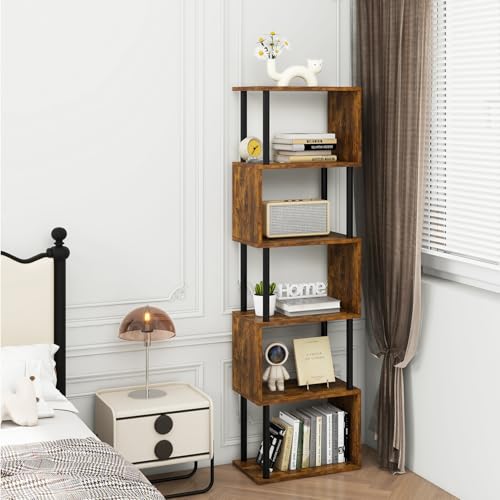 IBUYKE 6-Tier Tall Bookshelf,S-Shaped Geometric Bookcase, Wood Display Shelves with Storage,Industrial Bookshelf for Living Room Bedroom, Home Office, Rustic Brown WBC016H - color: Rustic Brown, size: 6 Tier