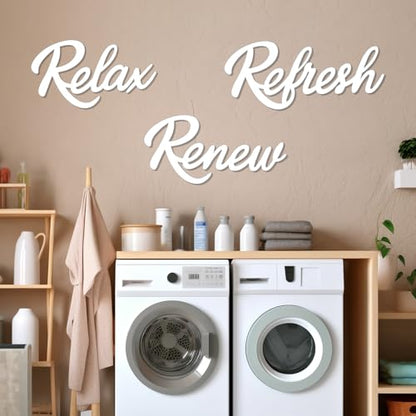 3 Pieces Bathroom Decor Wooden Bathroom Sign,Relax Renew Refresh Sign (White) - color: White