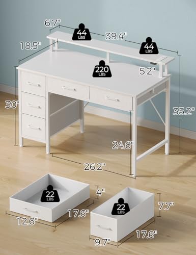 Seventable Computer Desk with Power Outlets & LED Light, 39 inch Home Office Desk with 5 Drawers, Writing Desk with Monitor Stand, Work Desk for Home Office, White - size: 39 inch