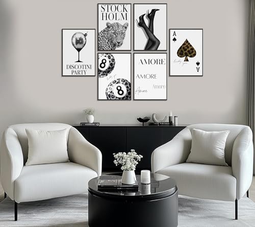 6pcs Stylish Black White Leopard Print Poster Wall Art Fashionable Lucky 8 Ball Painting Picture Wall Decor Cheetah Disco Ball Poster Print Artwork for Girls' Bedroom Apartment Dorm Home Decoration