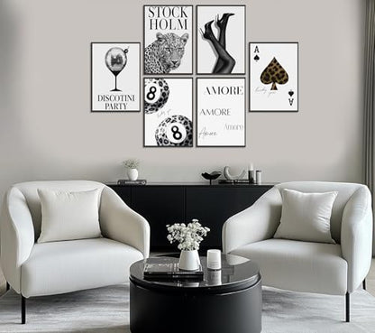 6pcs Stylish Black White Leopard Print Poster Wall Art Fashionable Lucky 8 Ball Painting Picture Wall Decor Cheetah Disco Ball Poster Print Artwork for Girls' Bedroom Apartment Dorm Home Decoration