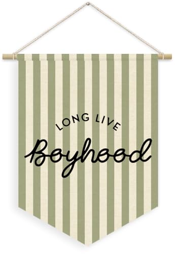 Boys Room Decor, Long Live Boyhood Boy Nursery Linen Canvas Banner, Green and White Striped Wall Hanging Pennant Flag Banner for Boys Kids Toddler Room Bedroom Playroom Decor, 15x11in - color: boyhood-Vertical Stripes Green