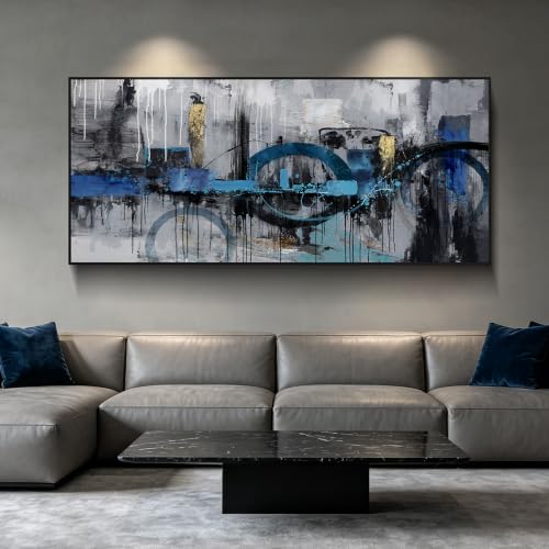 Abstract Wall Art for Living Room Bedroom Above the Sofa Picture Artwork | Extra-Large Size 70x31 Inches Made of Canvas with a Black Frame This Blue-Gray-Gold Piece Offers Minimalist Luxury Wall Decor - color: Grey Abstract - 3, size: 70x31