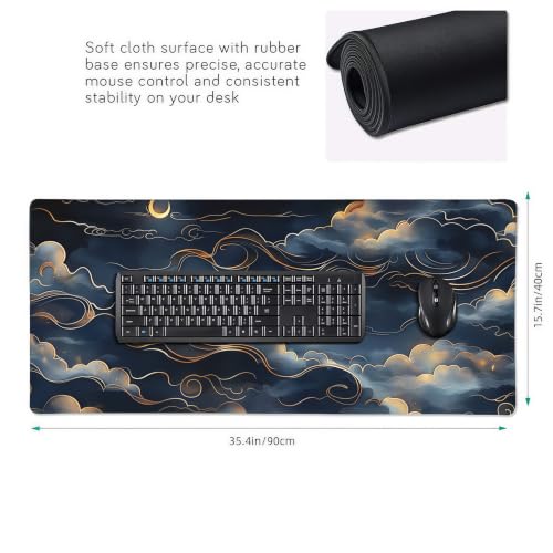 Japanese Mouse Pad, Moon and Cloud Desk Mat, Aesthetic Gaming Desk Pad 35.4 x 15.7 Inch, Non-Slip Rubber Base with Stitched Edges for Office and Gaming - color: Green And Gold