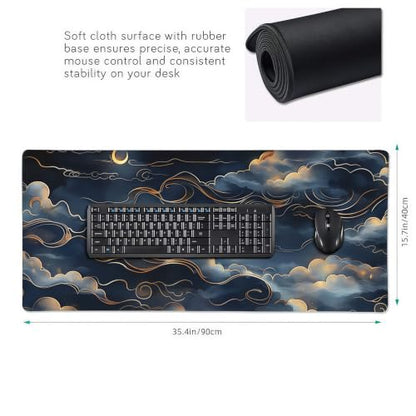 Japanese Mouse Pad, Moon and Cloud Desk Mat, Aesthetic Gaming Desk Pad 35.4 x 15.7 Inch, Non-Slip Rubber Base with Stitched Edges for Office and Gaming - color: Green And Gold