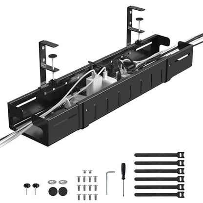 REALINN Under Desk Cable Management Tray Black, Expandable 25.27"-38.66" Sturdy Steel Desk Cord Hider Raceway for Office/Home