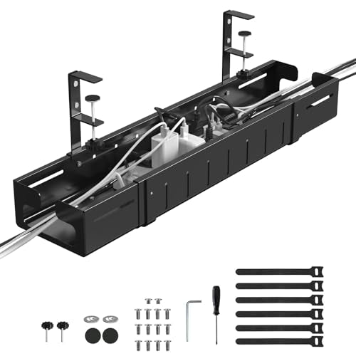 REALINN Under Desk Cable Management Tray Black, Expandable 25.27"-38.66" Sturdy Steel Desk Cord Hider Raceway for Office/Home