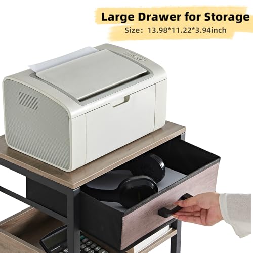 Lerliuo Grey Printer Stand with Fabric Drawer, 3 Tier Industrial Side Table, Modern Small Printer Desk Holder with Storage Shelf,Multi-Functional Bedside Tables for Home Office Fax Machine Scanner - color: Grey