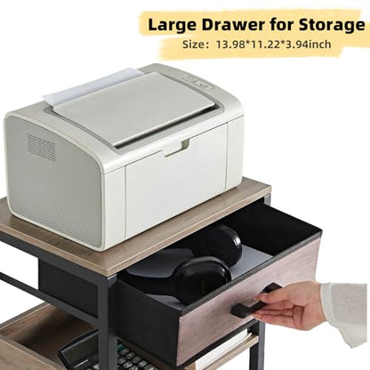 Lerliuo Grey Printer Stand with Fabric Drawer, 3 Tier Industrial Side Table, Modern Small Printer Desk Holder with Storage Shelf,Multi-Functional Bedside Tables for Home Office Fax Machine Scanner - color: Grey