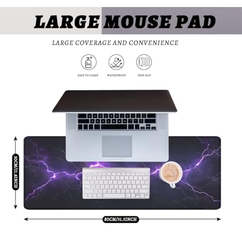 Electric Storm Gaming Mouse Pad Purple Lightning Dark Large Desk Mat Waterproof Stitched Edges Rubber Base Non-Slip Deskmap Computer Keyboard Mat Office Computer Keyboard Laptop 31.5"x11.8" - color: Electric Storm