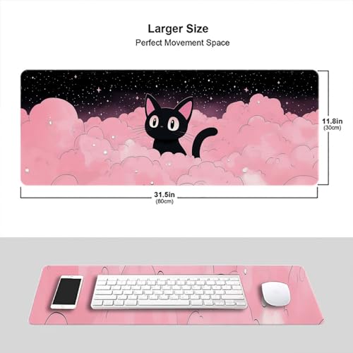 Cute Black Cat Gaming Mouse Pad Cartoon Galaxy Pink Clouds Kawaii Mousepad Extended Large Laptop Keyboard Non-Slip Rubber Base with Stitched Edges for Home 31.5x11.8 Inch - color: Cute Black Cat, size: 31.5" x 11.8"