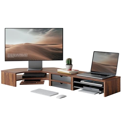 Fenge Dual Monitor Stand, 2-Tier Corner Monitor Riser with Drawer and Slide-out Tray, Triangle Desktop Shelf Organizer for Laptop Computer Printer Home Office Desk, Brown - color: Brown