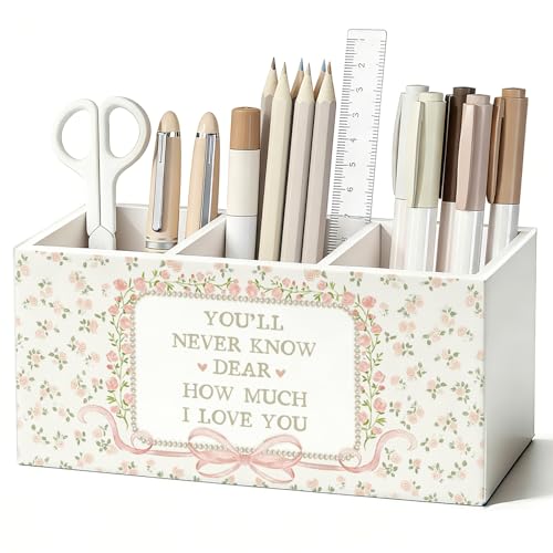 Pink Floral Pen Pencil Holder for Desk, Girl Nursery Decor, You'll Never Know Dear How Much I Love You Wooden Box Sign Decorations for Girls Room Bedroom Playroom Classroom Desk Tabletop - color: 01-Pink Floral(white)