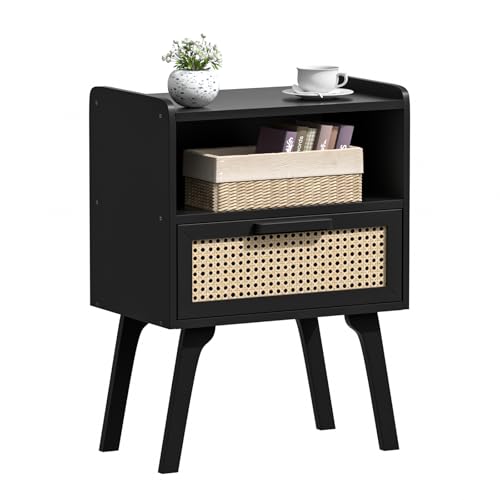 Lerliuo Rattan Nightstand, Bedside Table with Drawer Open Shelf, Cane Accent Side End Table with Solid Wood Legs, Black Mid Century Night Stand for Bedroom, Dorm and Small Spaces - color: Black With Natural, size: 1 pack