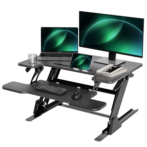 Claiks Standing Desk Converter 32 inch, Height Adjustable Sit Stand Up Desk Riser, Quick Sit to Stand Tabletop Dual Monitor Riser Workstation for Home Office with Keyboard Tray, Black - color: Black-1, size: 32 inch