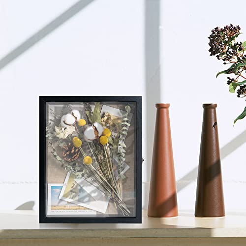 GraduationMall 11x14 Wood Shadow Box Frame Glass Door Display Case with Linen Back and 6 Stick Pins,1.5 inches Interior Depth,Ideal for Memorabilia Pictures Flowers Medals Tickets Rustic Black - color: Rustic Black, size: 11x14