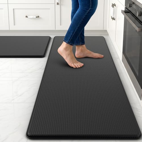 Kitchen Mats for Floor 2 Piece - 17"x29"+17"x47" Anti Fatigue Mats for Kitchen Floor - Non Slip Cushioned Rugs for Standing - Black - color: Black, size: 2pc: 17" x 29" + 17" x 47"